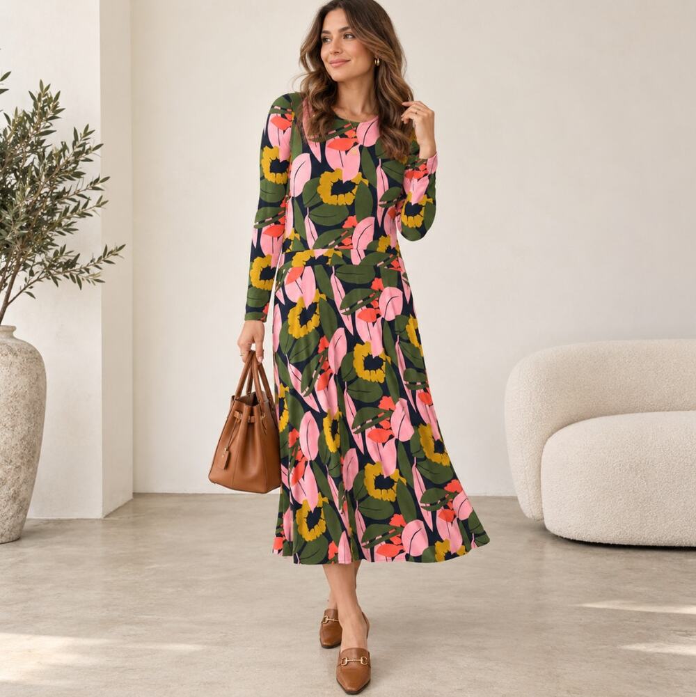 BODEN Bold Floral Midi Jersey Dress Pink Green Yellow Sz 4R $128 {3H40}